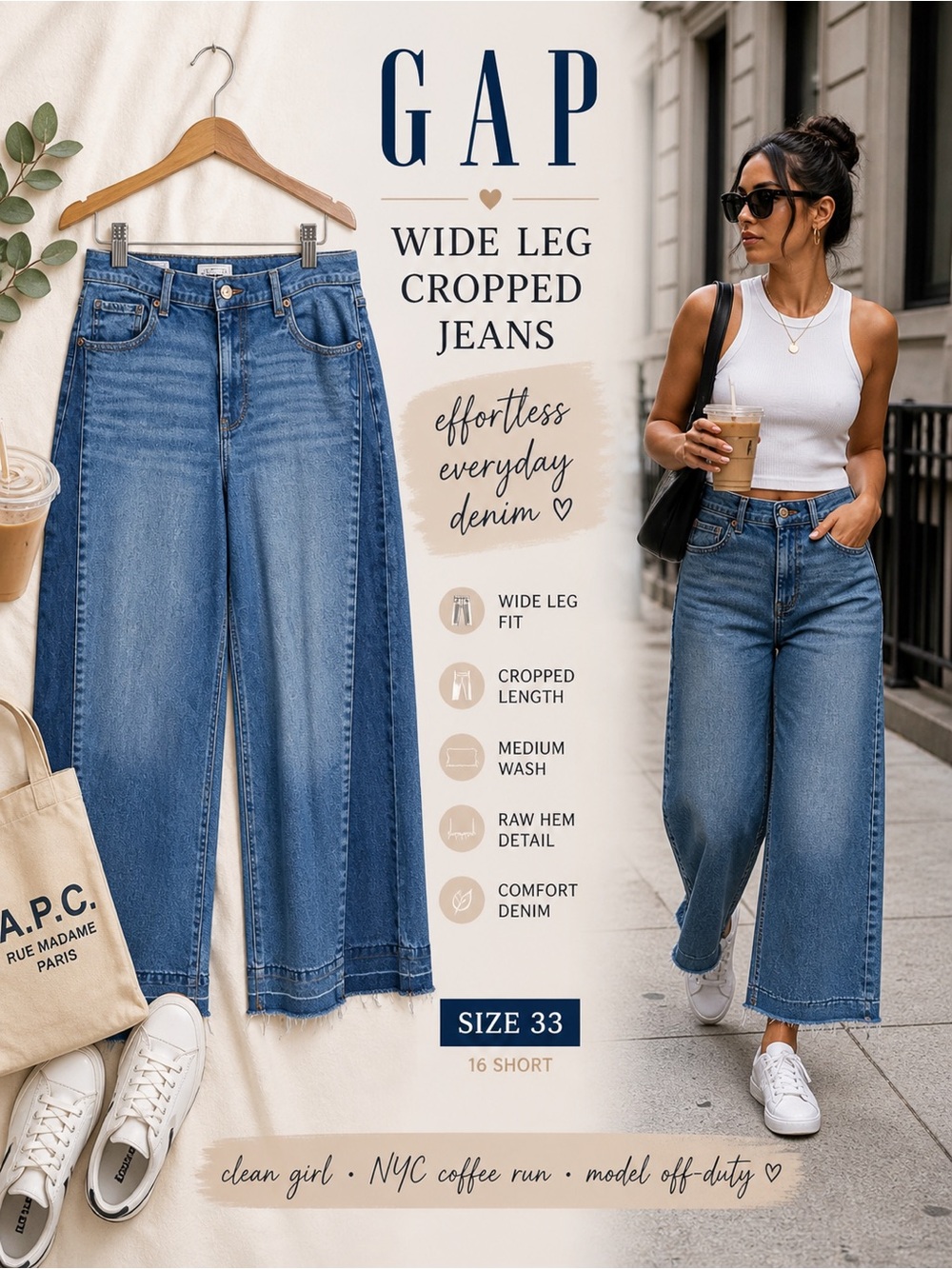 GAP High Rise Stride Jeans Medium Indigo Cropped Raw Hem 33/16 Short